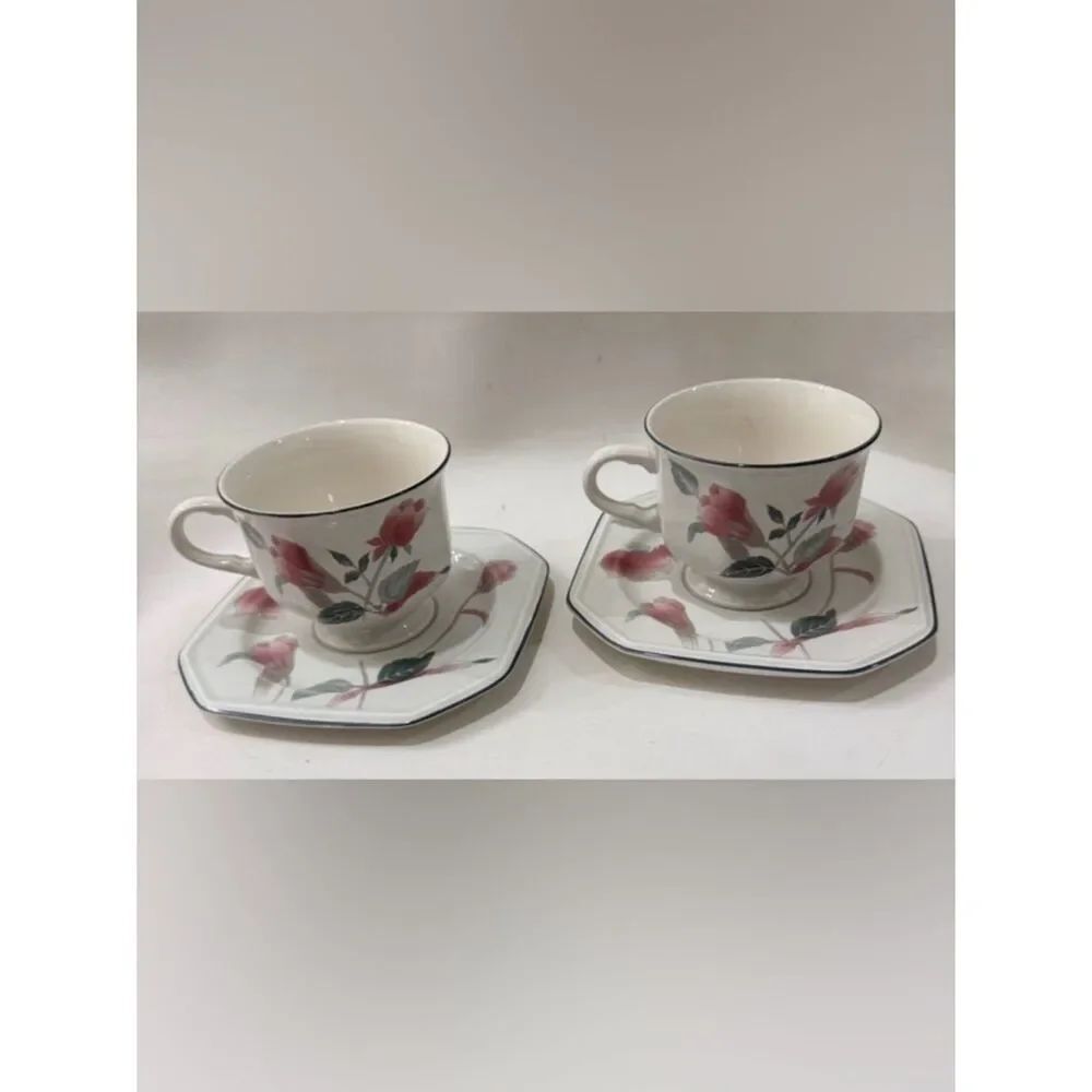 Mikasa Continental Porcelain 2 Teacup 2 Saucer Sets Pink Silk Flowers F 3003